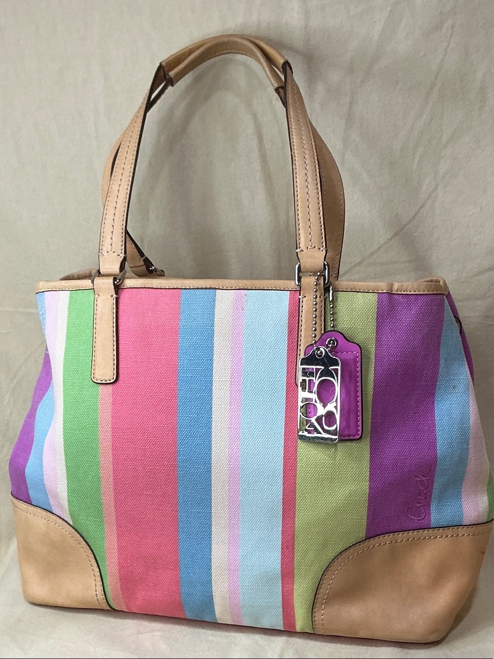 NWT Coach 19357 Hamptons Legacy Striped multi Canvas weekend Tote shoulder bag